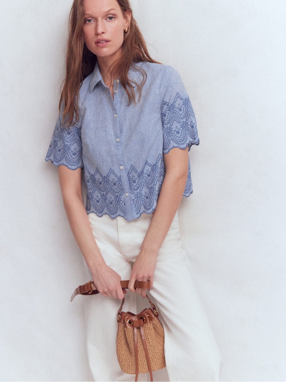 Boden Broderie Chambray Blue Embroidered Button up // Sz 16-18